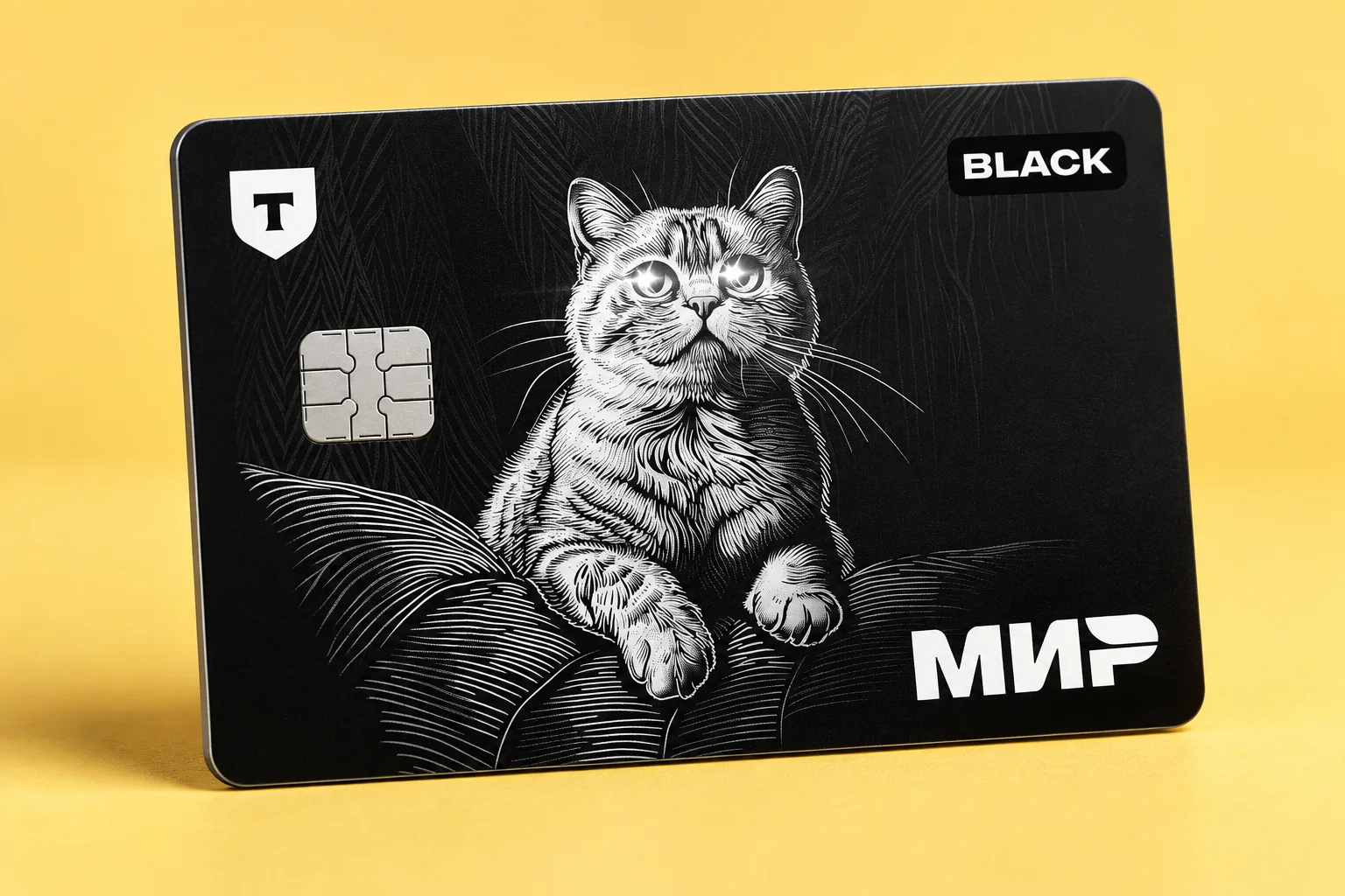 Объёмная иллюстрация карты Т-Банка Black с котом на жёлтом фоне